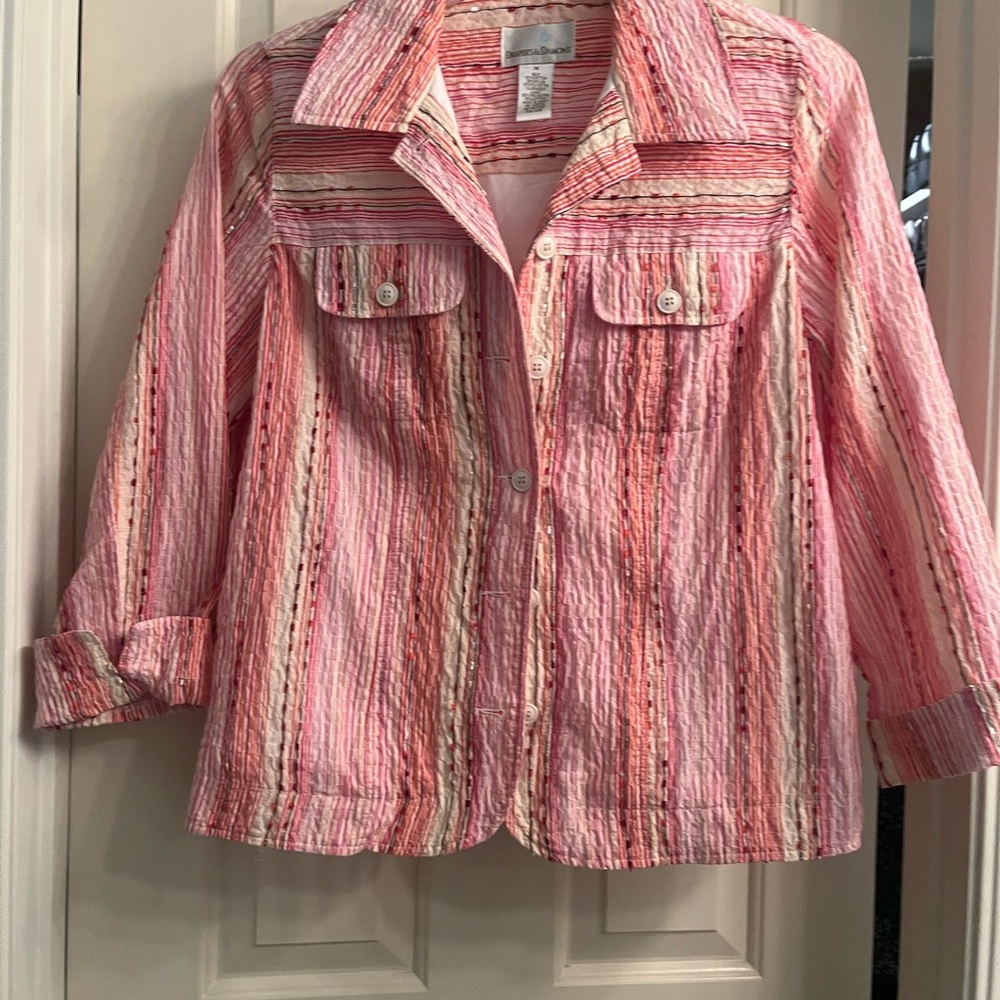 Pink Striped Button-up casual blazer with crinkle texture size M